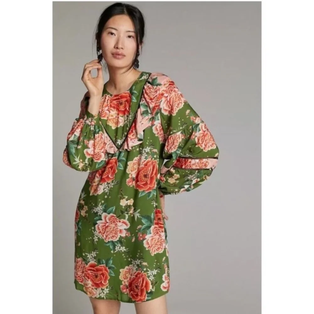 NWT FARM Rio Anthropologie Boho Tunic Mini Dress Floral Roses Green Peach Large